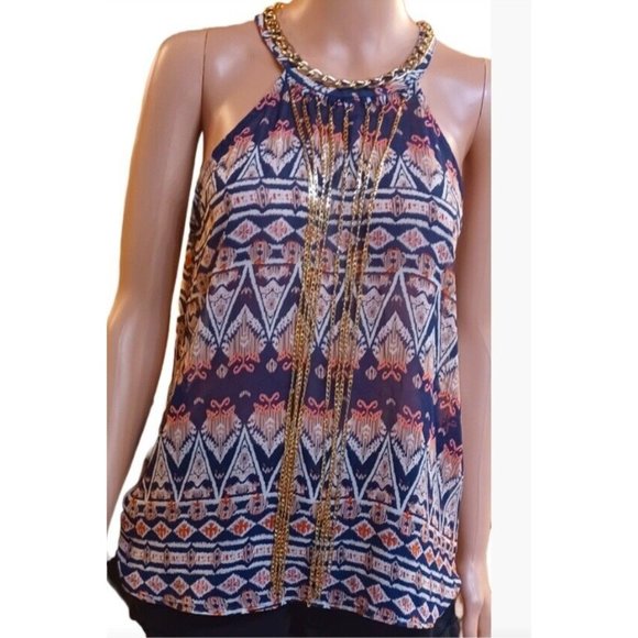 LOVE SONG WOMEN'S TOP-Fringe Multicolor Halter Gold Chain Geometric- Large - Picture 8 of 10